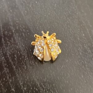 VINTAGE Gold Tone Faux Pearl Crystals Ladybug Brooch Pin
